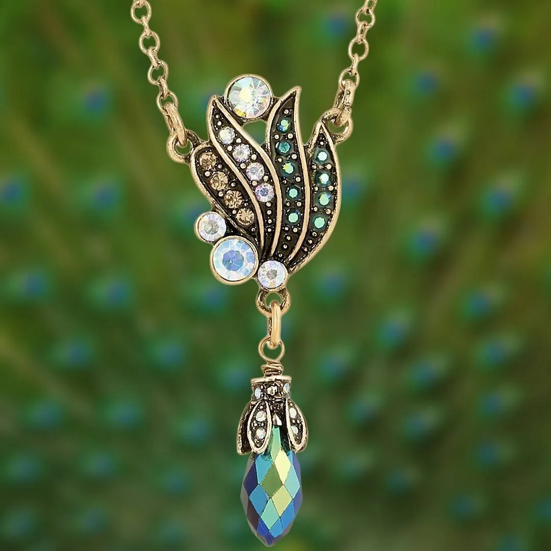 1928 Jewelry Peacock Plumage Art Nouveau Style Blue Iridescent AB Drop Pendant Necklace 16"   3" Extender 1928 Jewelry