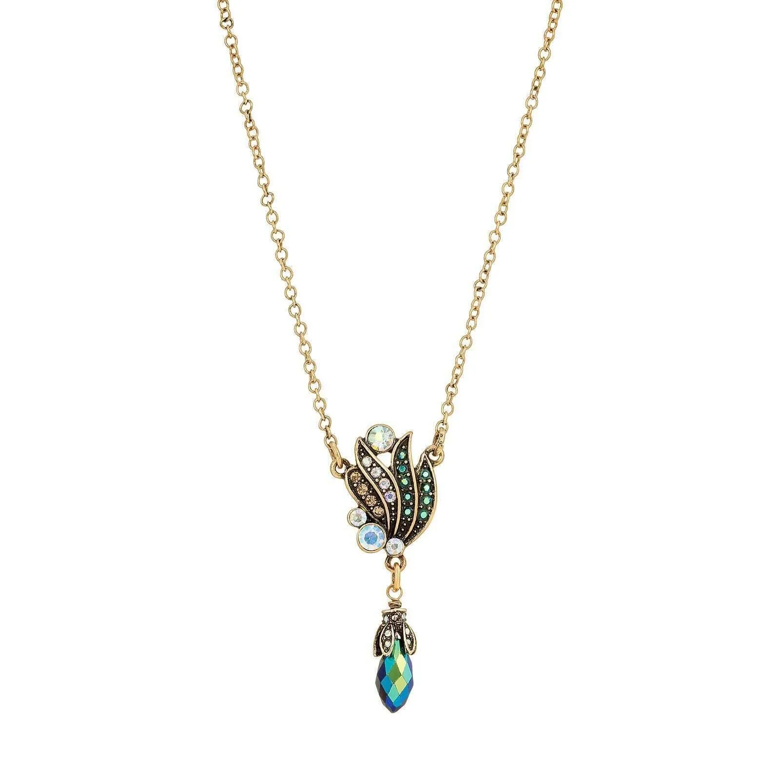 1928 Jewelry Peacock Plumage Art Nouveau Style Blue Iridescent AB Drop Pendant Necklace 16"   3" Extender 1928 Jewelry