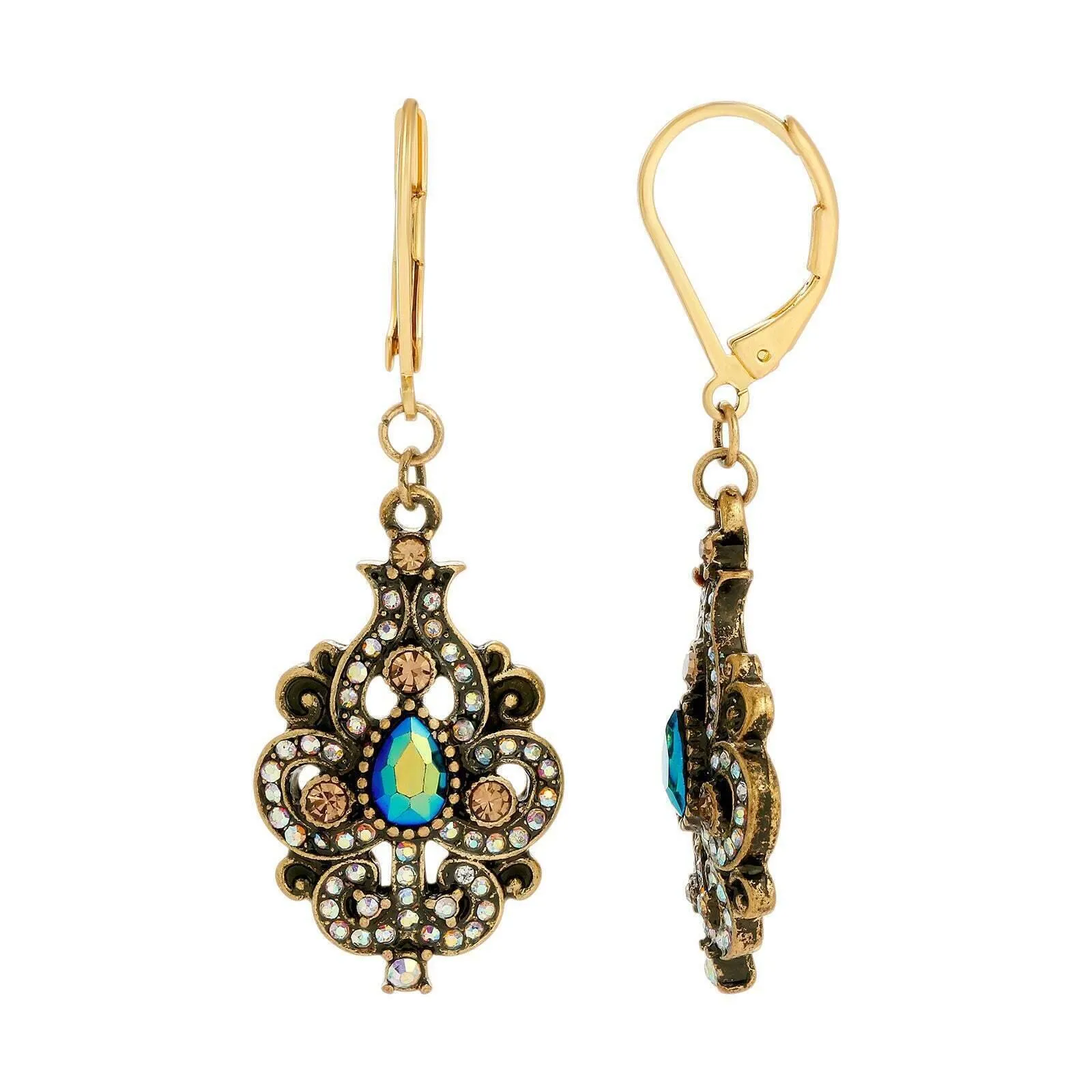 1928 Jewelry Peacock Plumage Art Nouveau Style Blue Iridescent AB Glass Drop Earrings 1928 Jewelry