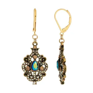 1928 Jewelry Peacock Plumage Art Nouveau Style Blue Iridescent AB Glass Drop Earrings 1928 Jewelry