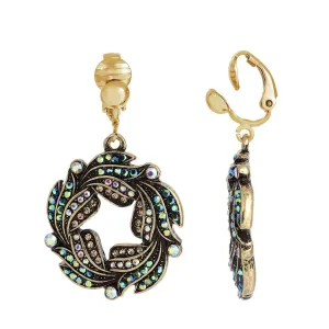 1928 Jewelry Peacock Plumage Art Nouveau Style Blue Iridescent AB Glass Wreath Clip On Earrings 1928 Jewelry