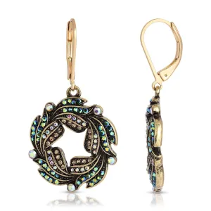 1928 Jewelry Peacock Plumage Art Nouveau Style Blue Iridescent AB Glass Wreath Drop Earrings 1928 Jewelry