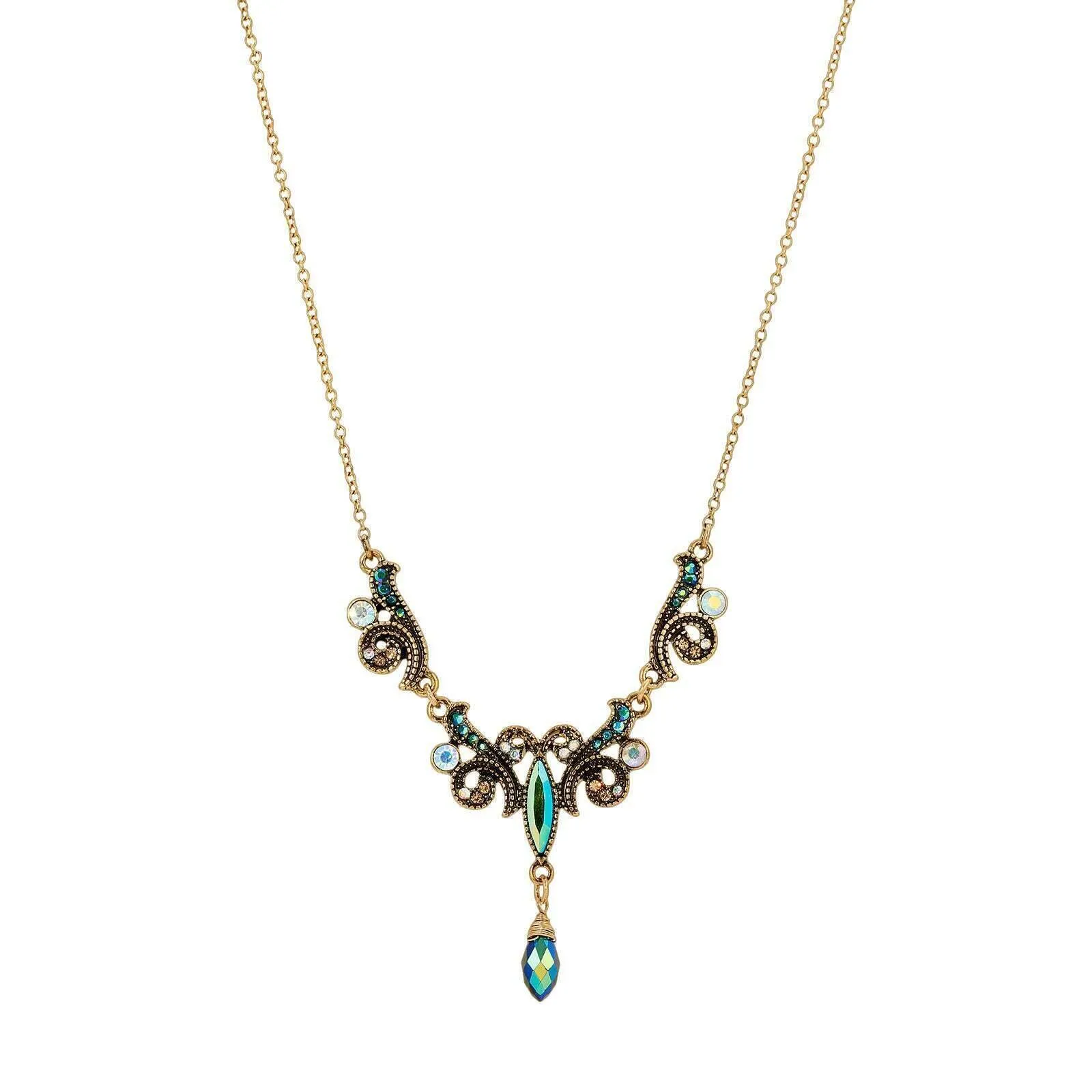 1928 Jewelry Peacock Plumage Art Nouveau Style Multi AB Glass Stone Drop Pendant Necklace 16"   3" Extender 1928 Jewelry