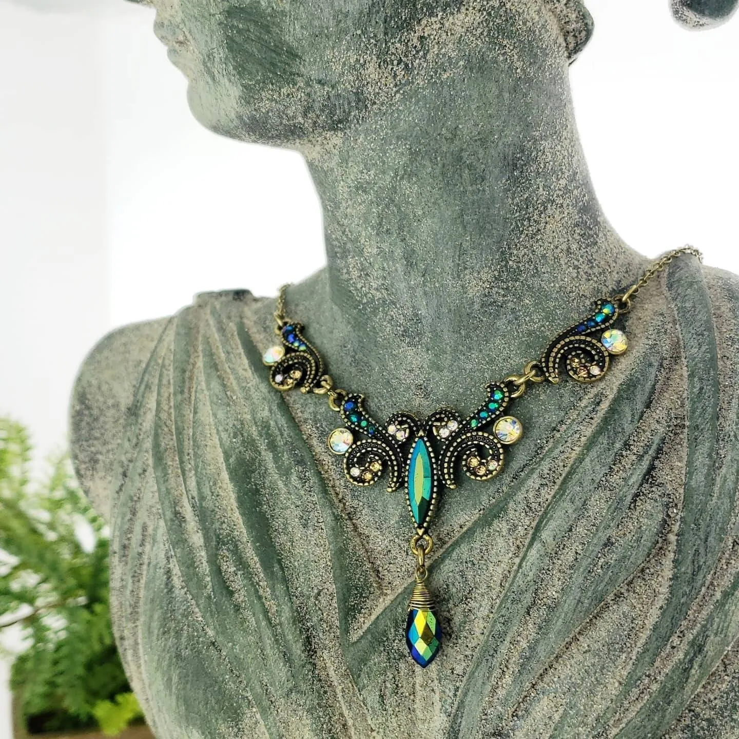 1928 Jewelry Peacock Plumage Art Nouveau Style Multi AB Glass Stone Drop Pendant Necklace 16"   3" Extender 1928 Jewelry