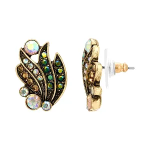 1928 Jewelry Peacock Plumage Art Nouveau Style Multi AB Glass Stone Post Earrings 1928 Jewelry
