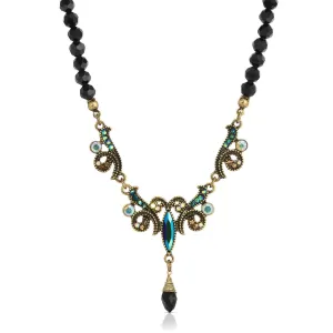 1928 Jewelry Peacock Plumage Black Beaded Art Nouveau Style Multi AB Glass Stone Drop Pendant Necklace 16"   3" Extender 1928 Jewelry