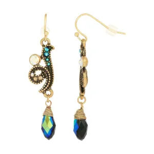 1928 Jewelry Peacock Plumage Blue Iridescent AB Glass Drop Bead Fish Hook Earrings 1928 Jewelry