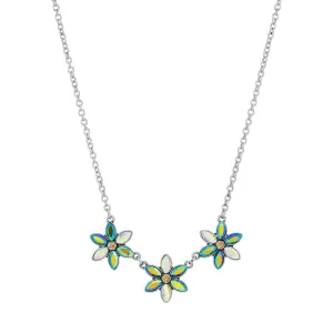 1928 Jewelry Peacock Plumage Blue Iridescent AB Glass Flower Necklace 16"   3" Extender 1928 Jewelry