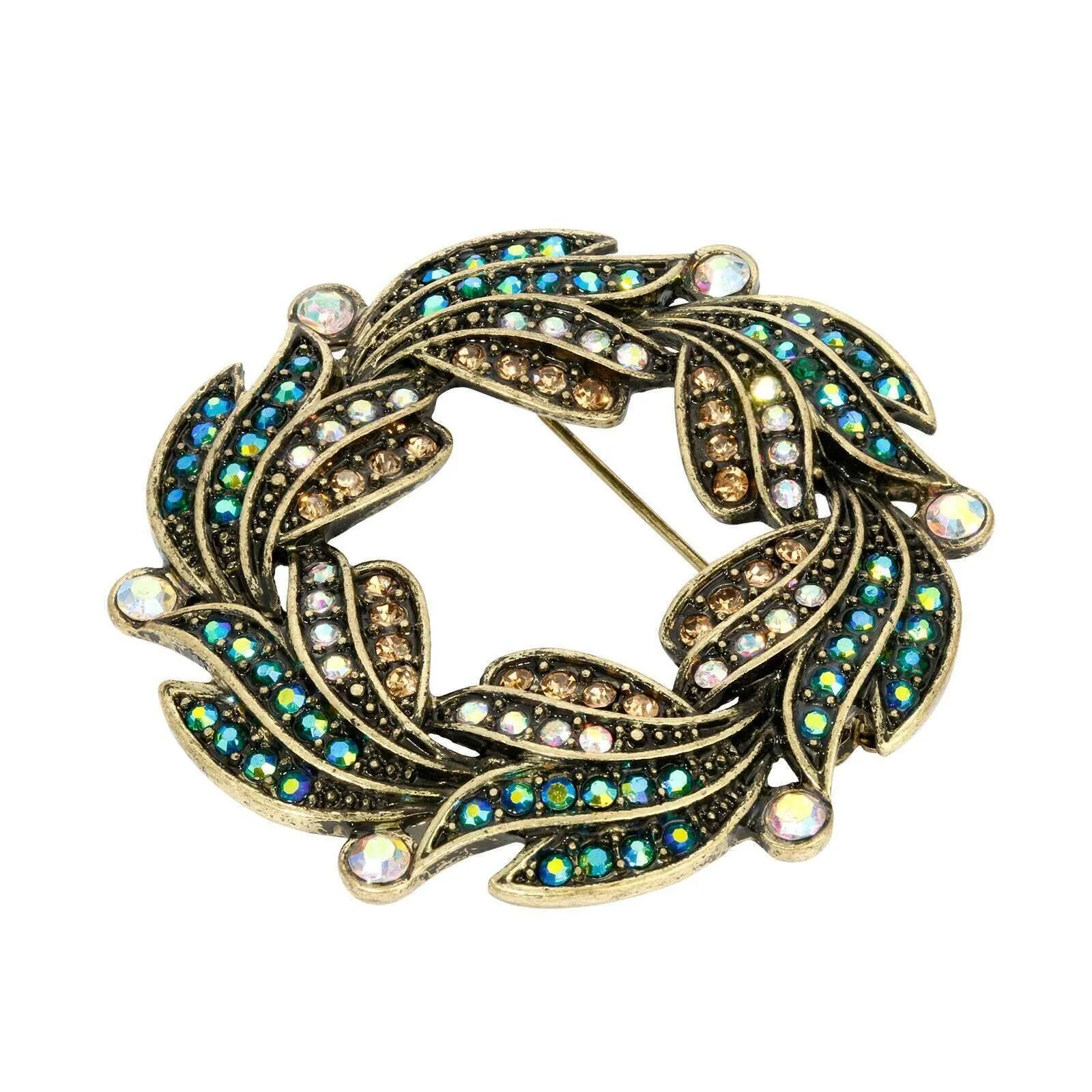1928 Jewelry Peacock Plumage Blue Iridescent AB Glass Stone Wreath Brooch 1928 Jewelry