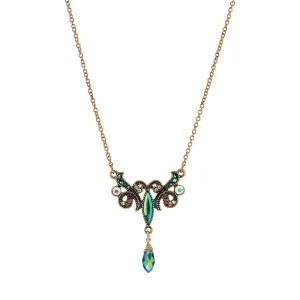 1928 Jewelry Peacock Plumage Blue Iridescent AB Pendant Necklace 16"   3" Extender 1928 Jewelry