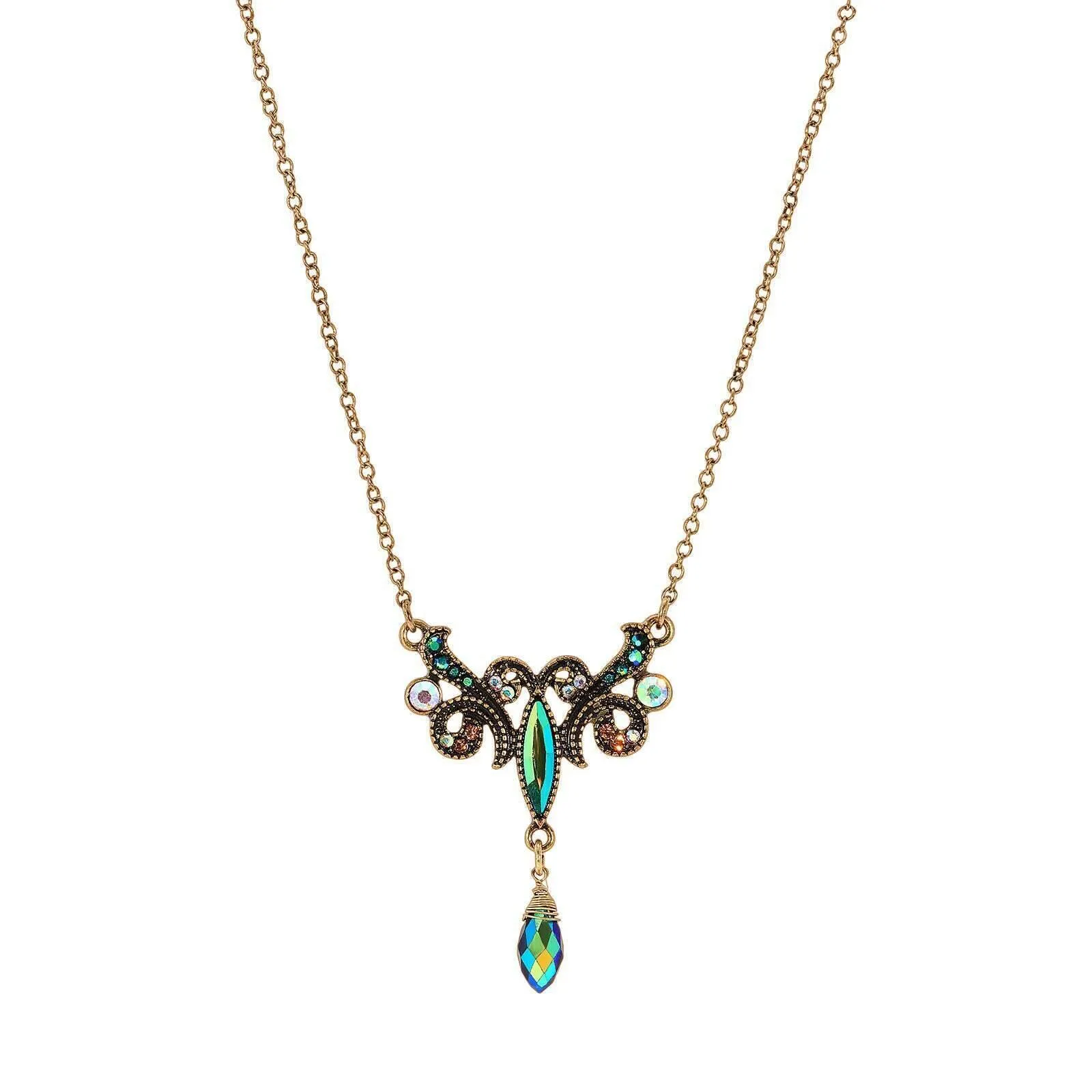 1928 Jewelry Peacock Plumage Blue Iridescent AB Pendant Necklace 16"   3" Extender 1928 Jewelry