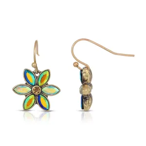 1928 Jewelry Peacock Plumage Blue Iridescent Aurora Borealis Glass Flower Drop Earrings 1928 Jewelry
