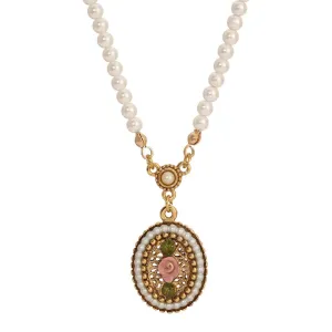 1928 Jewelry Pearly Eden 4mm Faux Pearl Strand Pink Rose Enamel Pendant Necklace 14"   3" Extender 1928 Jewelry