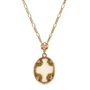 1928 Jewelry Pearly Eden Pink Rose Enamel Faux Pearl Embossed Pendant Figaro Chain Necklace 30"L 1928 Jewelry