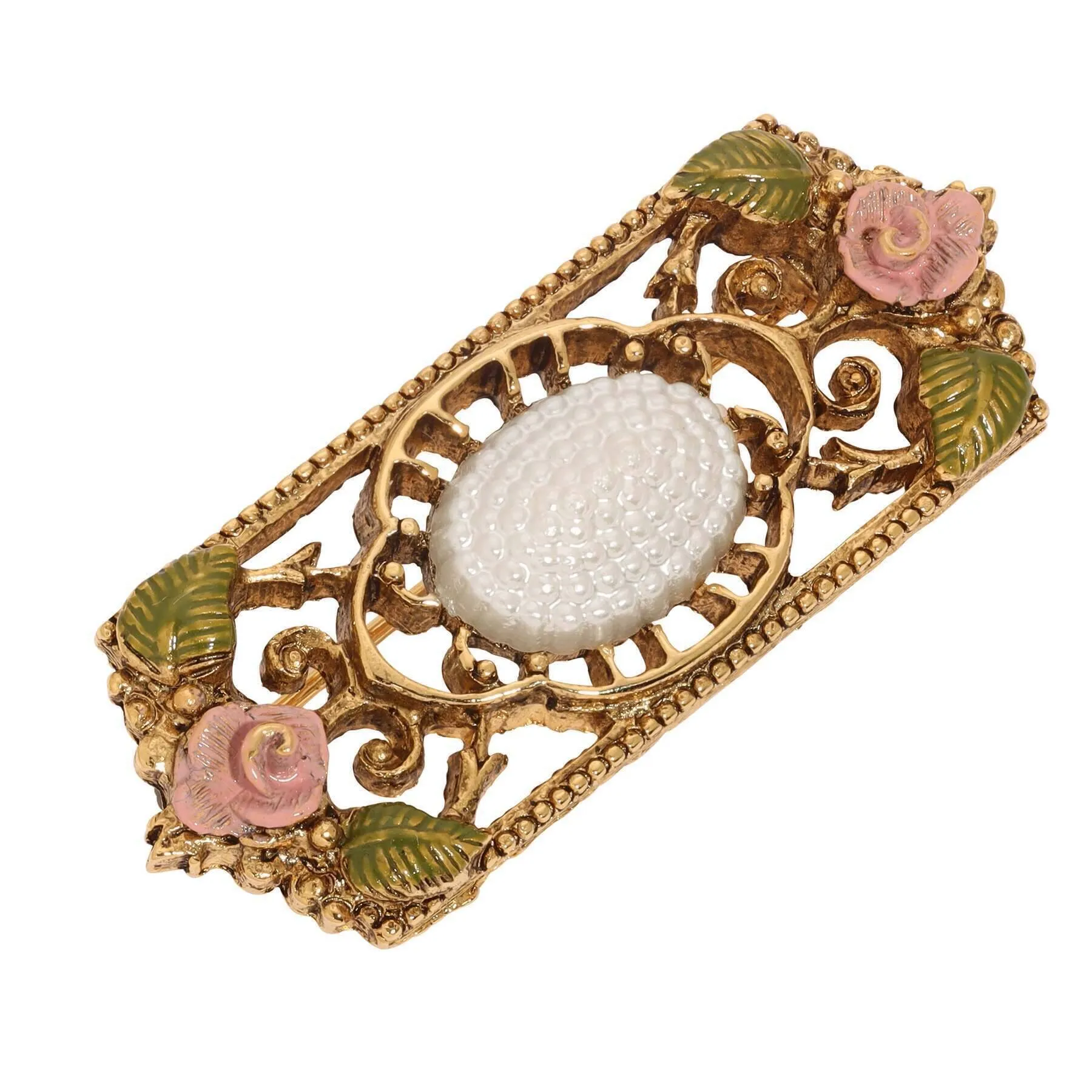 1928 Jewelry Pearly Eden Pink Rose Enamel Faux Pearl Filigree Brooch 1928 Jewelry