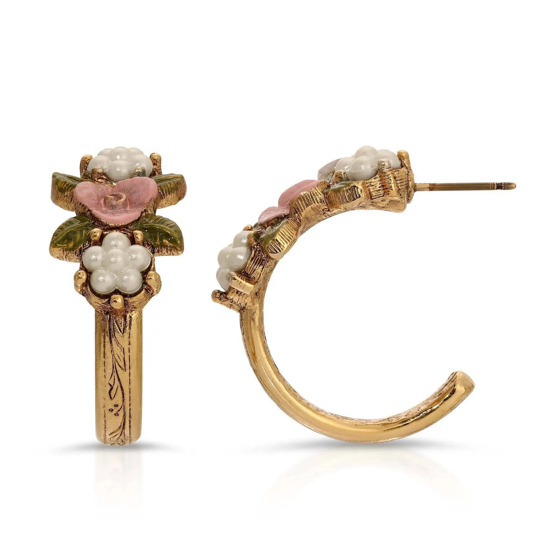 1928 Jewelry Pearly Eden Pink Rose Enamel Faux Pearl Half Hoop Post Earrings 1928 Jewelry