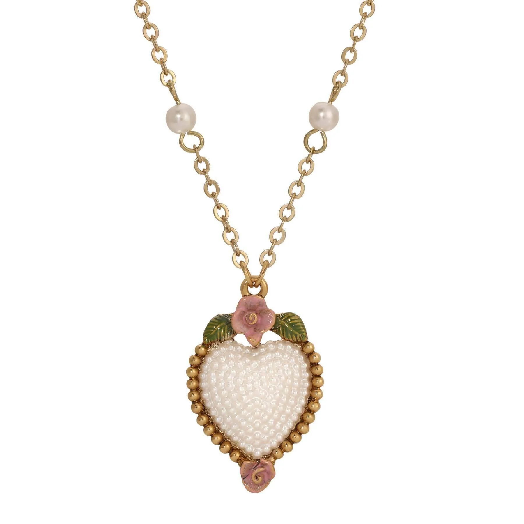 1928 Jewelry Pearly Eden Pink Rose Enamel Faux Pearl Heart Pendant Necklace 16"   3" Extender 1928 Jewelry