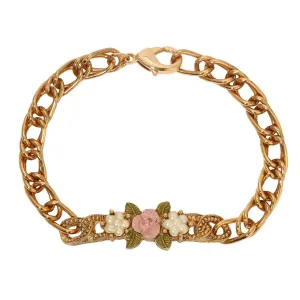 1928 Jewelry Pearly Eden Pink Rose Enamel Faux Pearl Link Chain Bracelet 1928 Jewelry