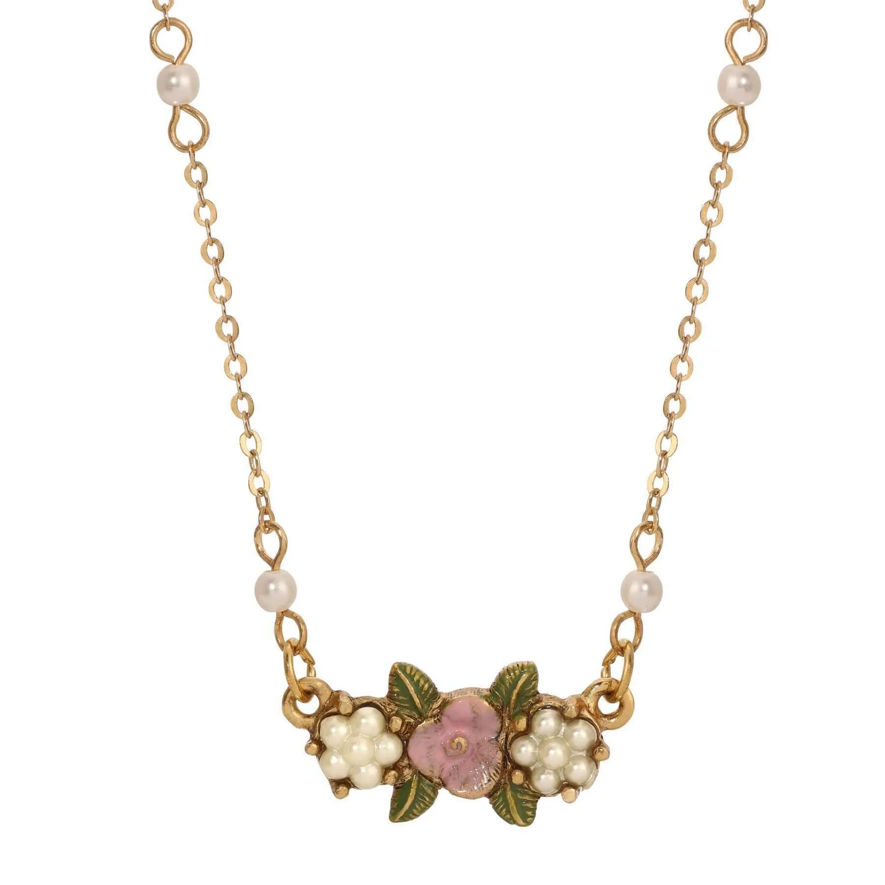 1928 Jewelry Pearly Eden Pink Rose Enamel Faux Pearl Pendant Necklace 16"   3" Extender 1928 Jewelry