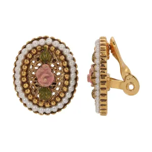 1928 Jewelry Pearly Eden Pink Rose Enamel Faux Pearl Ring Clip On Earrings 1928 Jewelry
