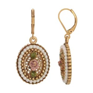 1928 Jewelry Pearly Eden Pink Rose Enamel Faux Pearl Ring Drop Earrings 1928 Jewelry
