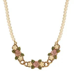 1928 Jewelry Pearly Eden Pink Rose Enamel Faux Pearl Strand Necklace 17"   3" Extender 1928 Jewelry