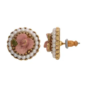 1928 Jewelry Pearly Eden Pink Rose Enamel Faux Pearl Stud Earrings 1928 Jewelry
