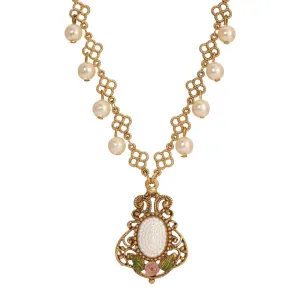 1928 Jewelry Pearly Eden Pink Rose Enamel Filigree Pendant Necklace 16"   3" Extender 1928 Jewelry