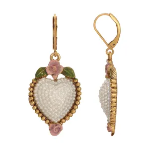 1928 Jewelry Pearly Eden Pink Rose Enamel Heart Faux Pearl Drop Earrings 1928 Jewelry