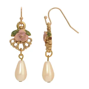 1928 Jewelry Pearly Eden Pink Rose Enamel Teardrop Faux Pearl Dangle Earrings 1928 Jewelry