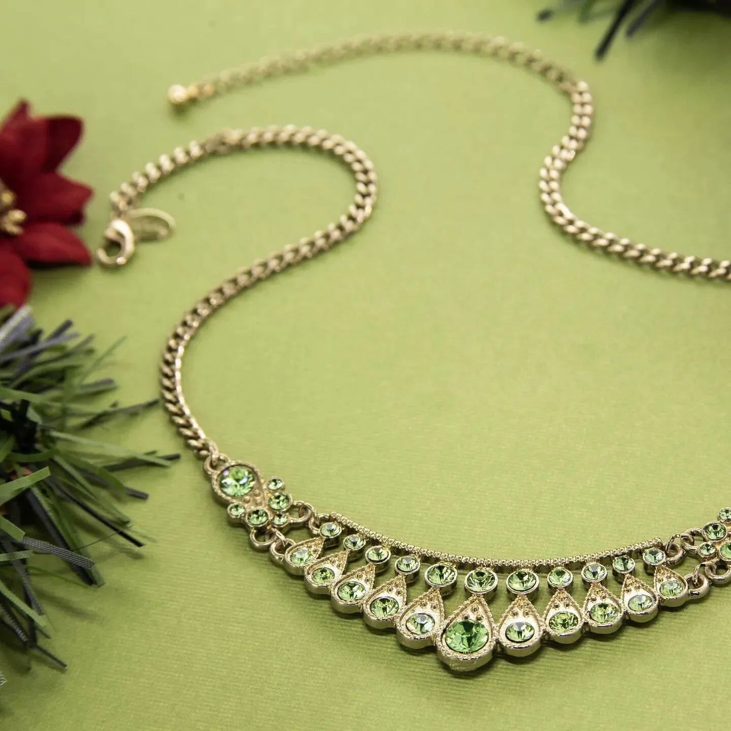 1928 Jewelry Peridot Green Color Crystal Bib Necklace 16"   3" Extender 1928 Jewelry