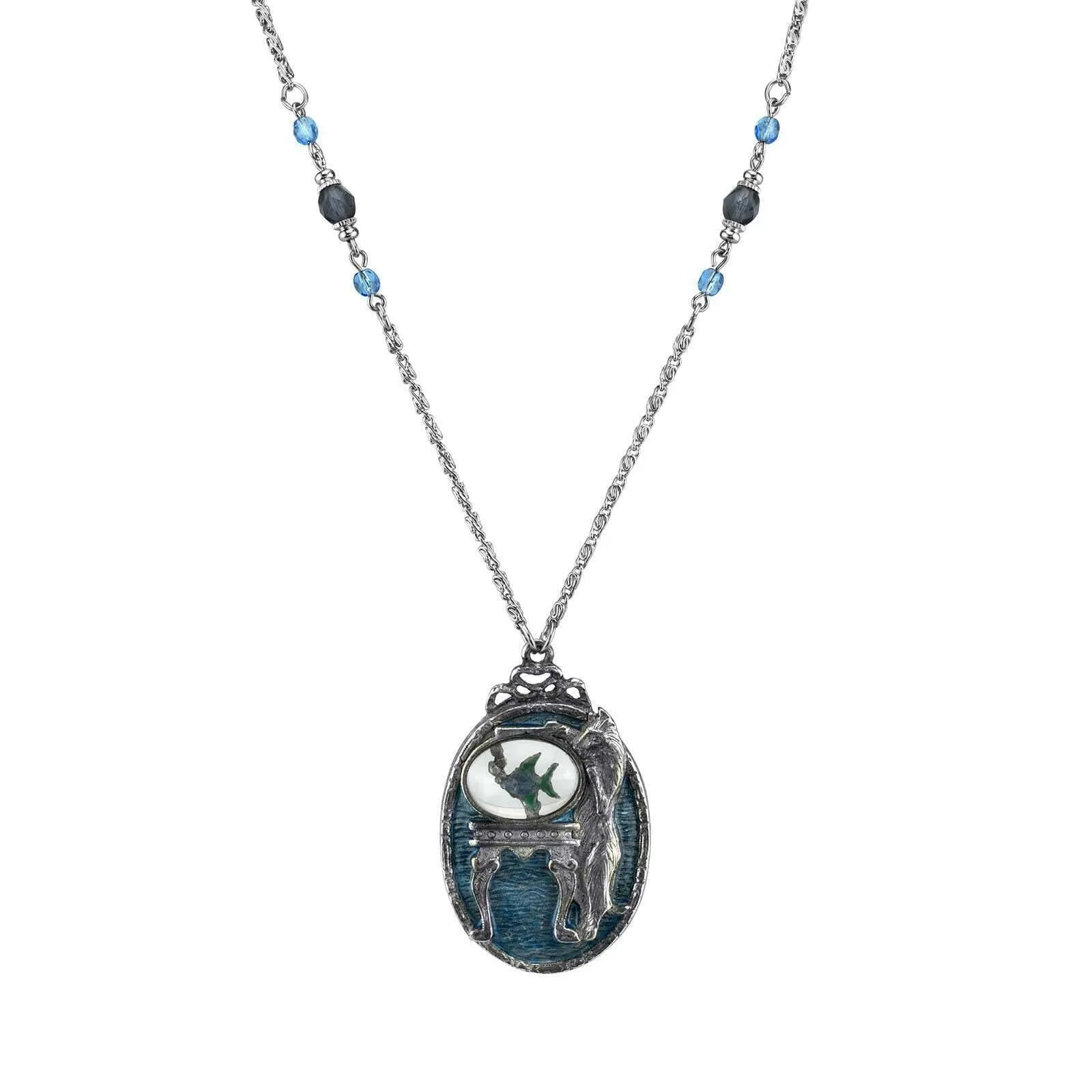 1928 Jewelry Pesky Cat & Fish Blue Enamel Pendant Necklace 30" 1928 Jewelry