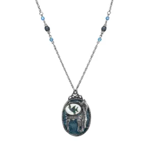 1928 Jewelry Pesky Cat & Fish Blue Enamel Pendant Necklace 30" 1928 Jewelry