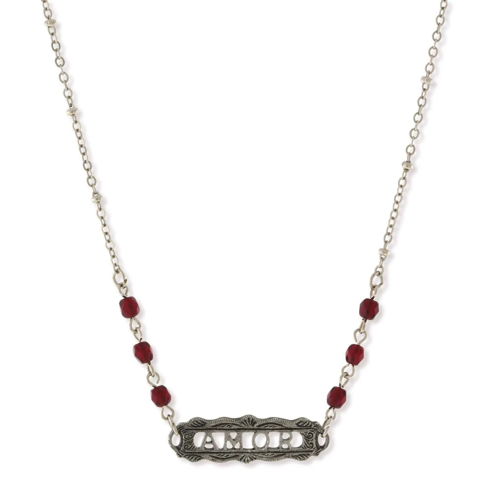 1928 Jewelry Pewter Beaded Amor Pendant Necklace 16"   3" Extender 1928 Jewelry