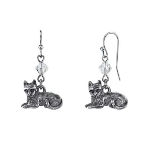 1928 Jewelry Pewter Cat & Austrian Crystal Bead Wire Earrings 1928 Jewelry