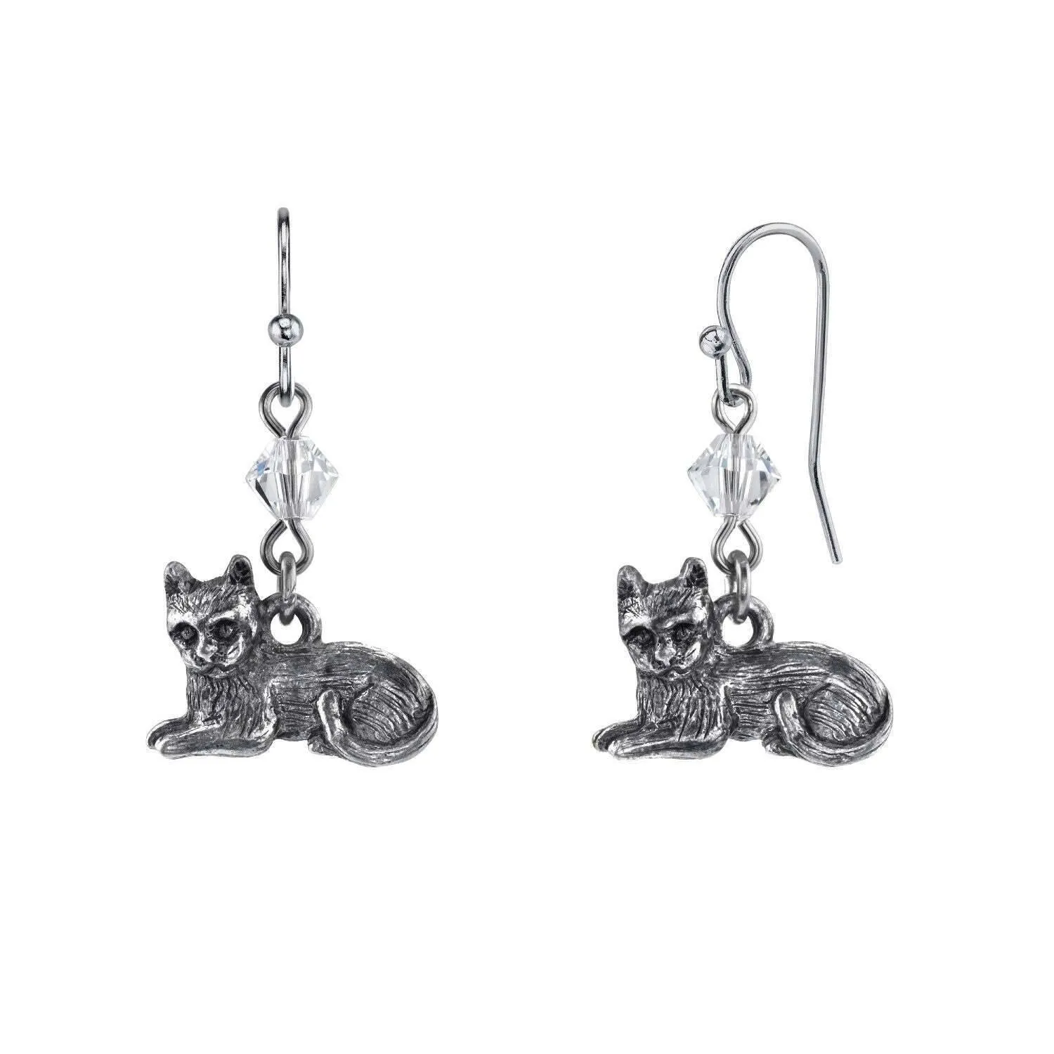 1928 Jewelry Pewter Cat & Austrian Crystal Bead Wire Earrings 1928 Jewelry