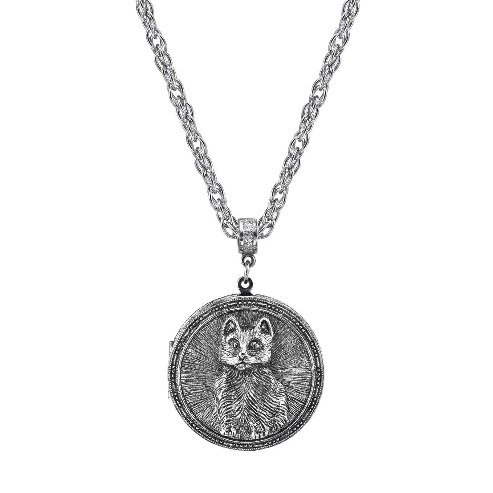 1928 Jewelry Pewter Cat Locket Necklace 30" 1928 Jewelry