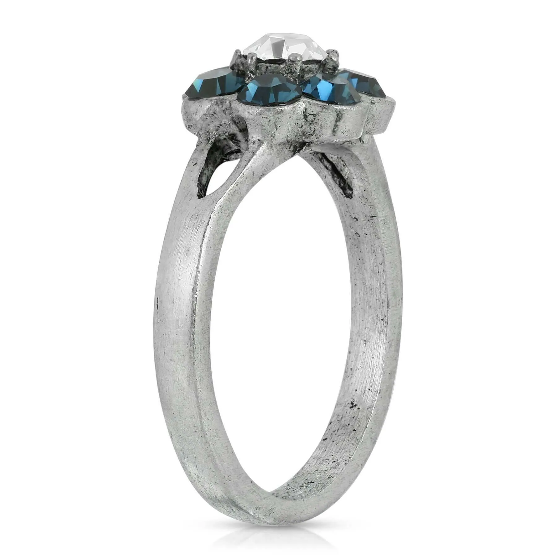 1928 Jewelry Pewter Clear And Dark Blue Crystal Flower Ring Size 7 1928 Jewelry