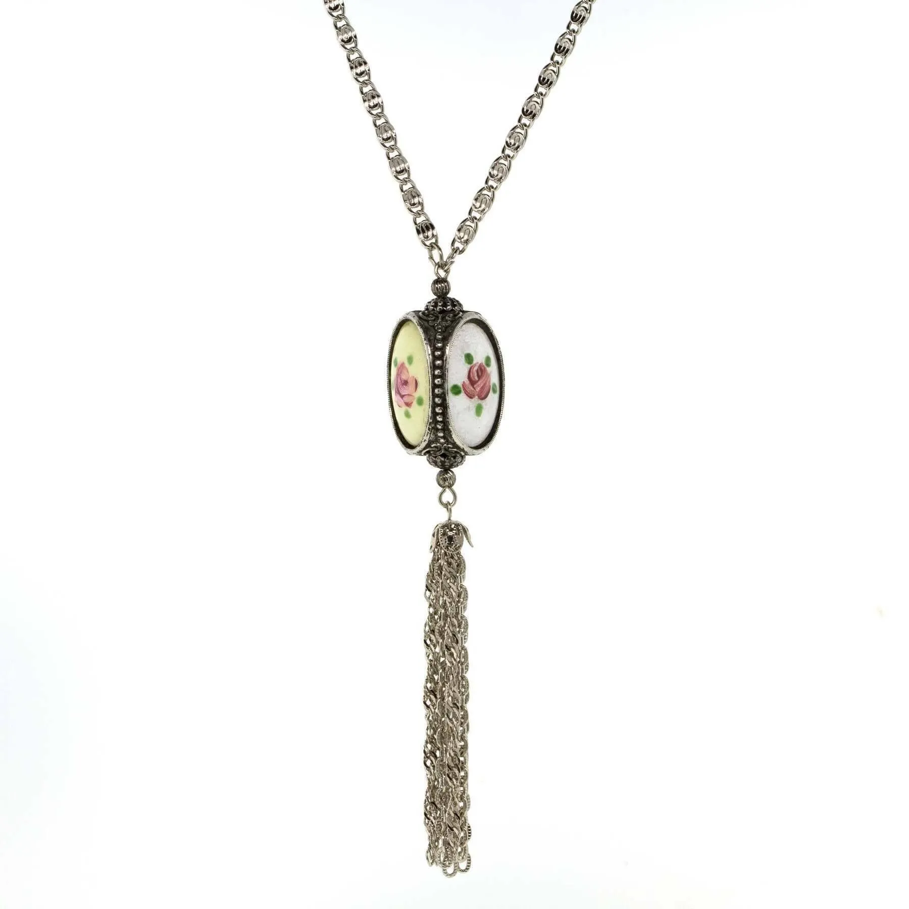 1928 Jewelry Pewter Costume Mother Of Pearl 3 Sided Spinner Tassel Necklace 30" 1928 Jewelry