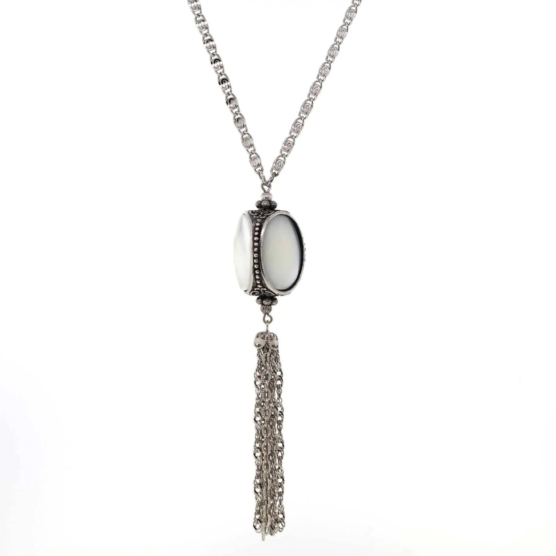 1928 Jewelry Pewter Costume Mother Of Pearl 3 Sided Spinner Tassel Necklace 30" 1928 Jewelry