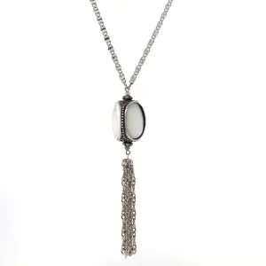 1928 Jewelry Pewter Costume Mother Of Pearl 3 Sided Spinner Tassel Necklace 30" 1928 Jewelry