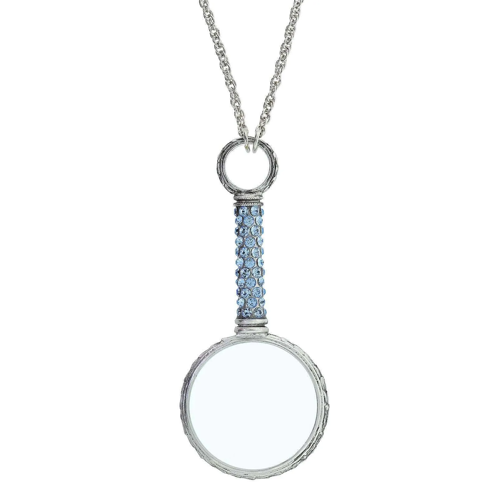 1928 Jewelry Pewter Crystal Magnifying Glass Necklace 30"- Magnification Power: 2-3X 1928 Jewelry