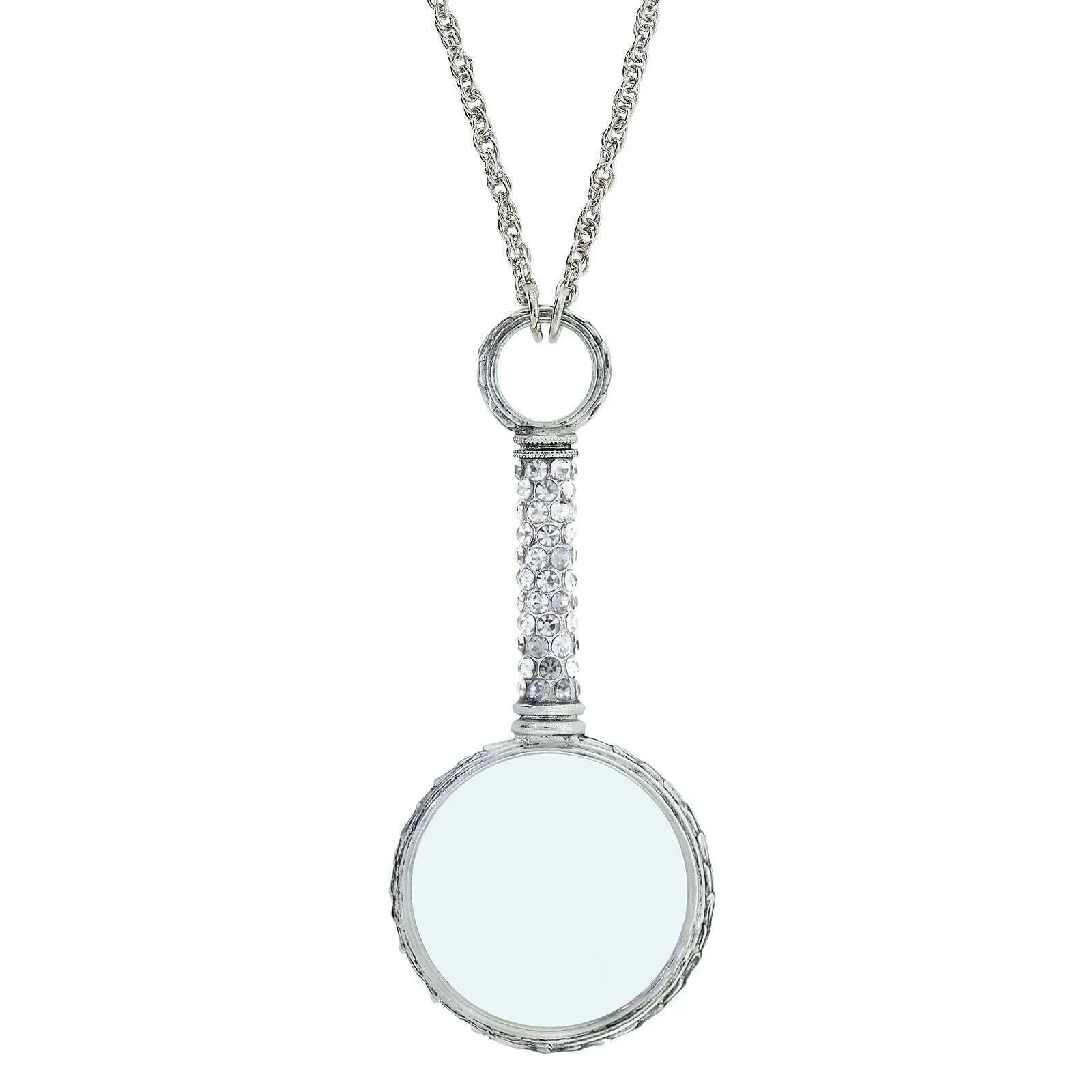 1928 Jewelry Pewter Crystal Magnifying Glass Necklace 30"- Magnification Power: 2-3X 1928 Jewelry