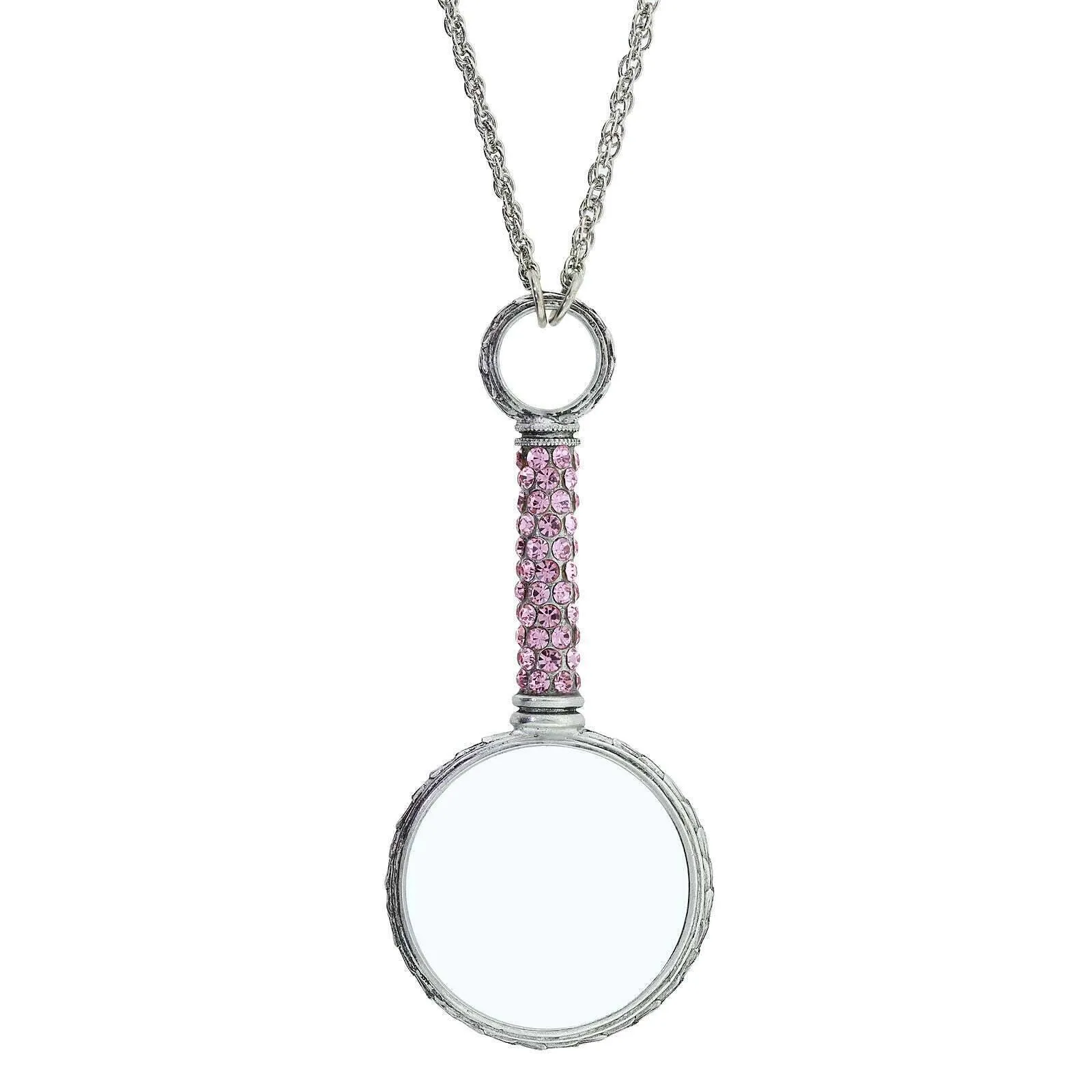 1928 Jewelry Pewter Crystal Magnifying Glass Necklace 30"- Magnification Power: 2-3X 1928 Jewelry