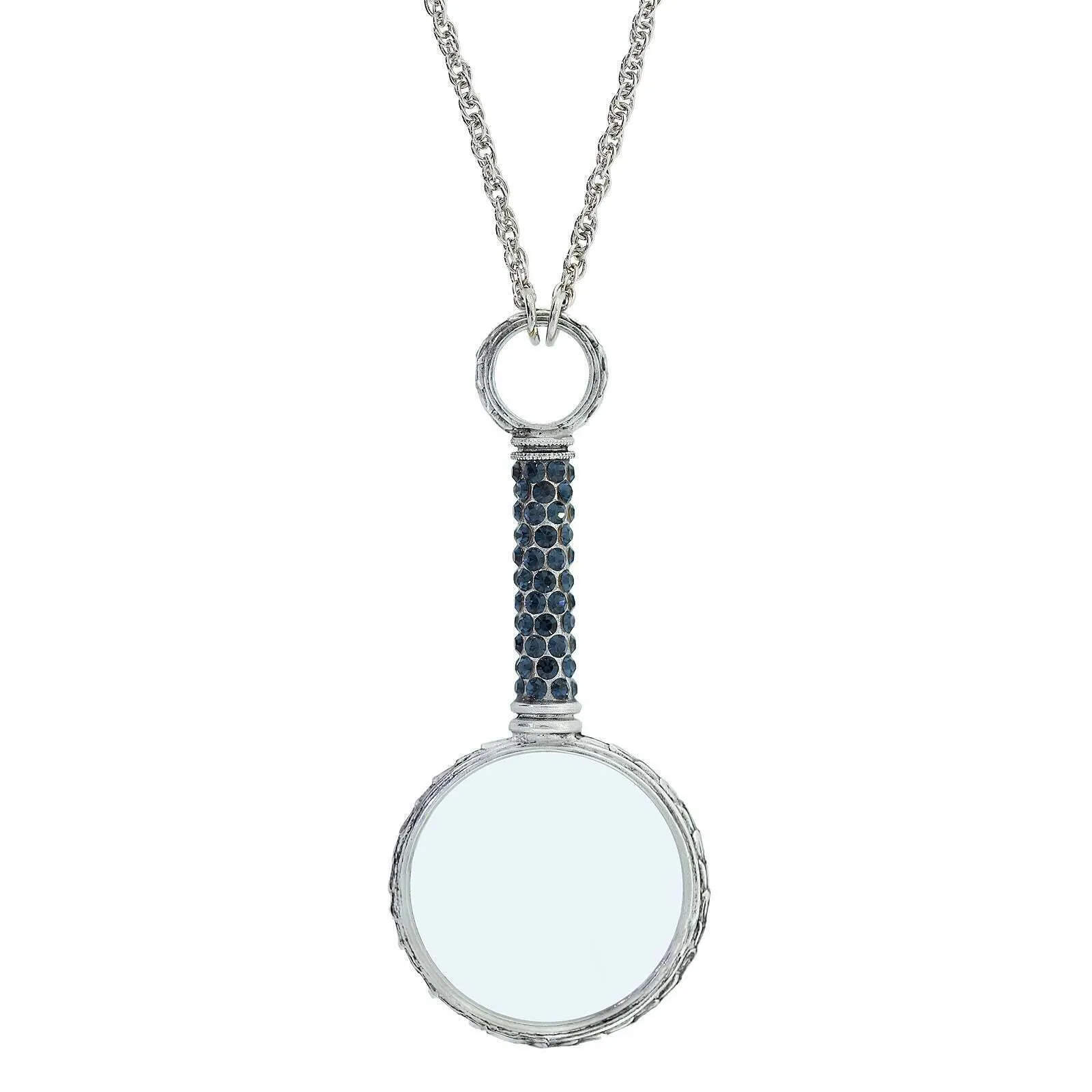1928 Jewelry Pewter Crystal Magnifying Glass Necklace 30"- Magnification Power: 2-3X 1928 Jewelry