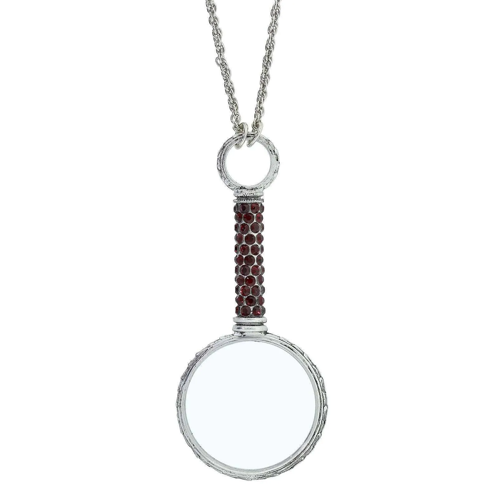 1928 Jewelry Pewter Crystal Magnifying Glass Necklace 30"- Magnification Power: 2-3X 1928 Jewelry