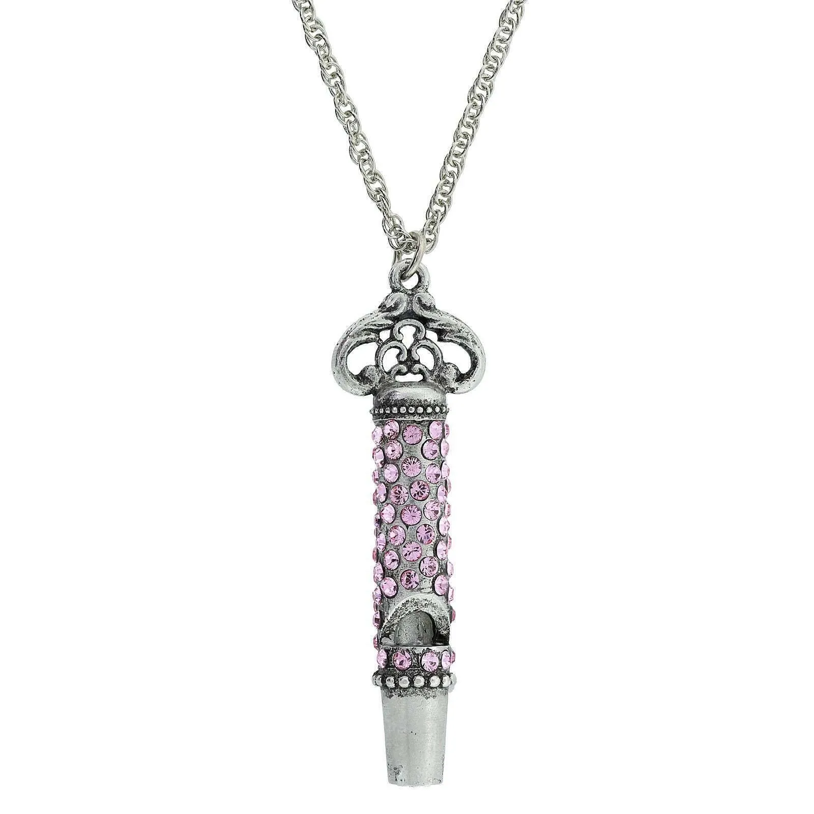 1928 Jewelry Pewter Crystal Pave Decorated Whistle Necklace 30" 1928 Jewelry