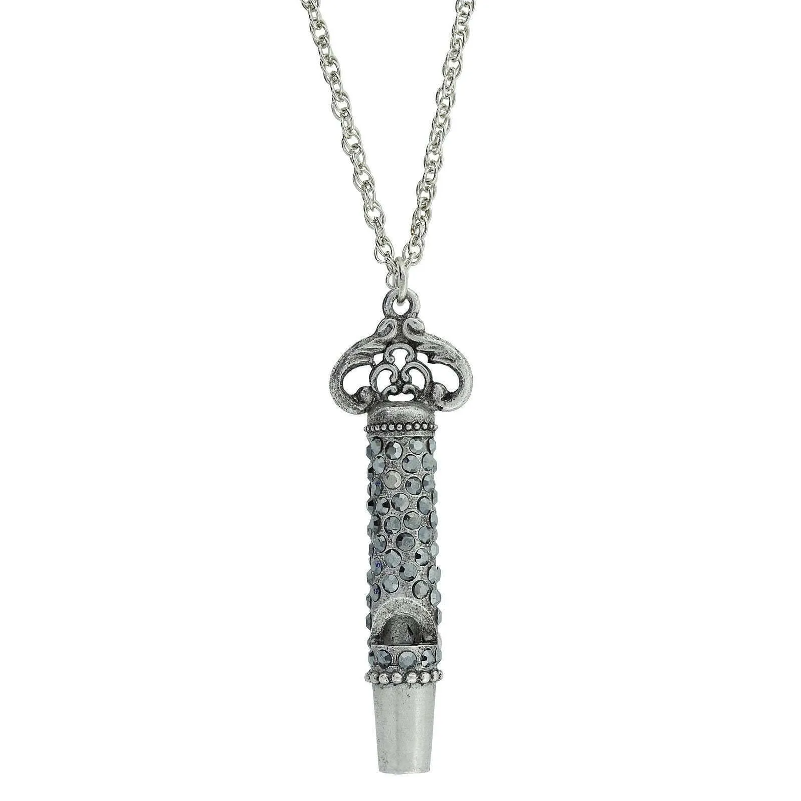1928 Jewelry Pewter Crystal Pave Decorated Whistle Necklace 30" 1928 Jewelry