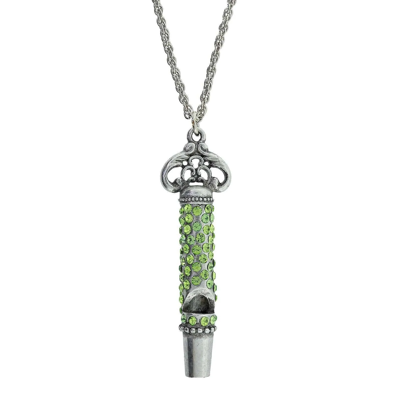 1928 Jewelry Pewter Crystal Pave Decorated Whistle Necklace 30" 1928 Jewelry