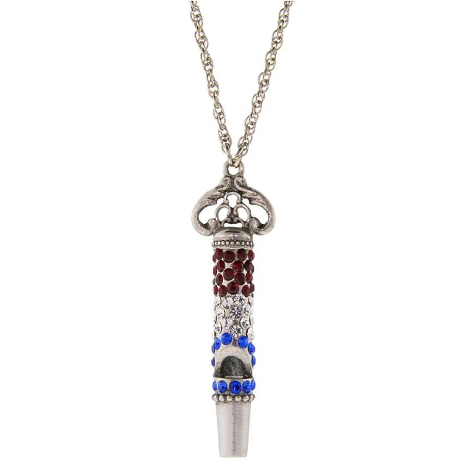 1928 Jewelry Pewter Crystal Pave Decorated Whistle Necklace 30" 1928 Jewelry
